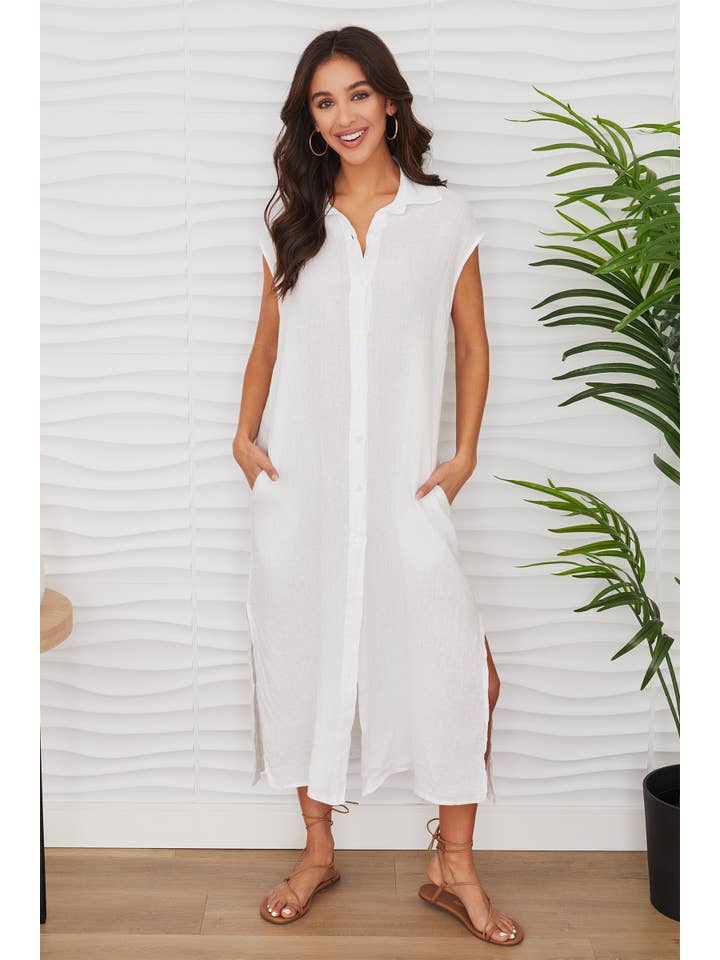 Milio Milano Crinkle Linen Sleeveless Midi Shirt Dress in White - Little Miss Muffin Children & Home