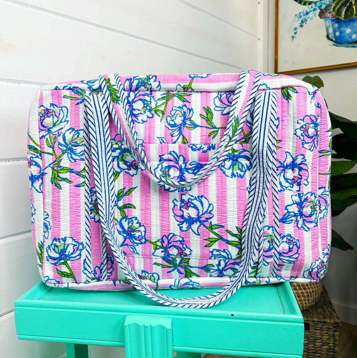 Folklore Couture Peony Pink Stripe Handmade Quilted Weekender Duffle Bag - Little Miss Muffin Children & Home