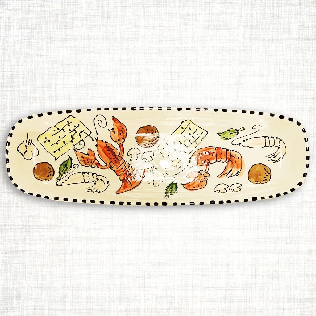 Magnolia Creative Co hand-painted ceramic crawfish bread tray with black dashed edge