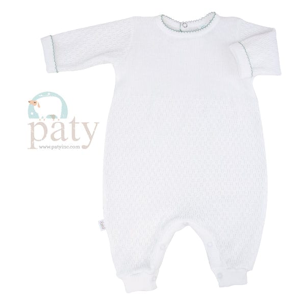 Paty, Inc. Paty White Long Sleeve Romper with Key Hole Back Blue Picot Trim - Little Miss Muffin Children & Home
