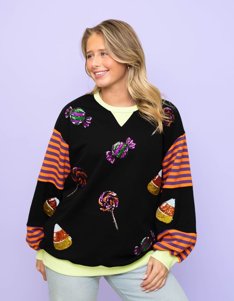 Bomb Designs Women's Trick or Treat Sequin Design Striped Sleeve Black Pullover - Little Miss Muffin Children & Home