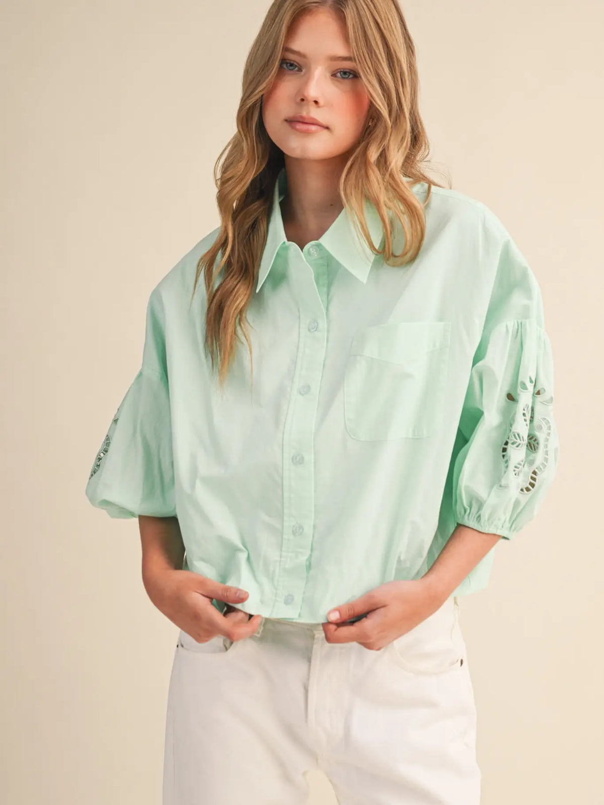 &merci Eyelet Embroidered Puffy Sleeve Button Dow Top in Jelly Mint - Little Miss Muffin Children & Home