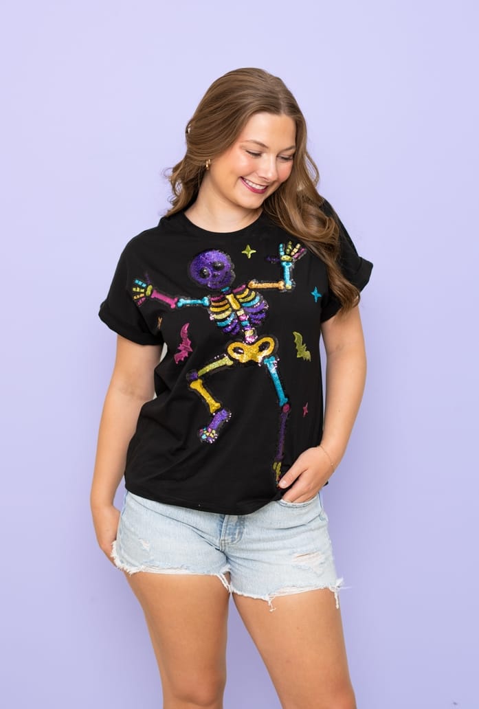 Bomb Designs Women's Boogie Bones Sequin Design Cuff Sleeve Black Tee - Little Miss Muffin Children & Home