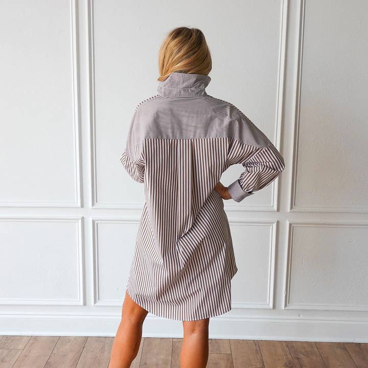 striped button down dress brown