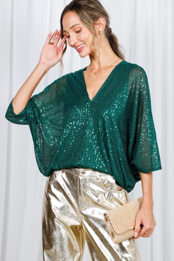 Vine & Love Vine & Love Allover Sequin V-Neck Dolman Sleeve Blouse in Hunter Green - Little Miss Muffin Children & Home