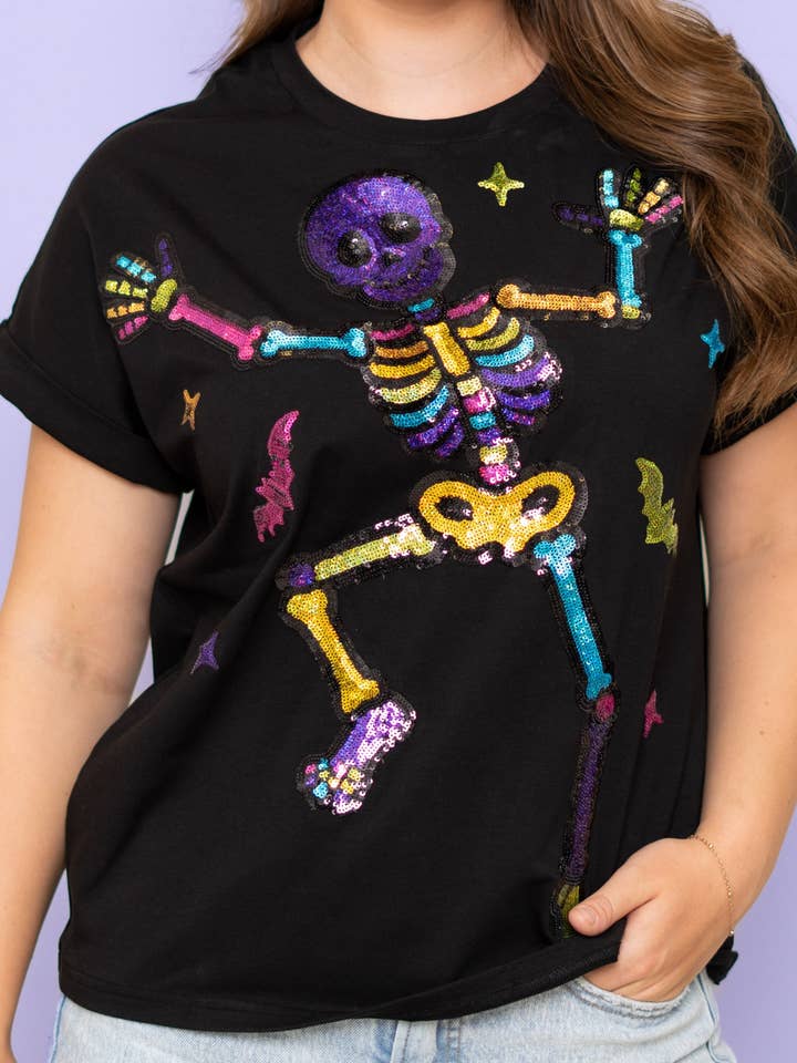 Bomb Designs Women's Boogie Bones Sequin Design Cuff Sleeve Black Tee - Little Miss Muffin Children & Home