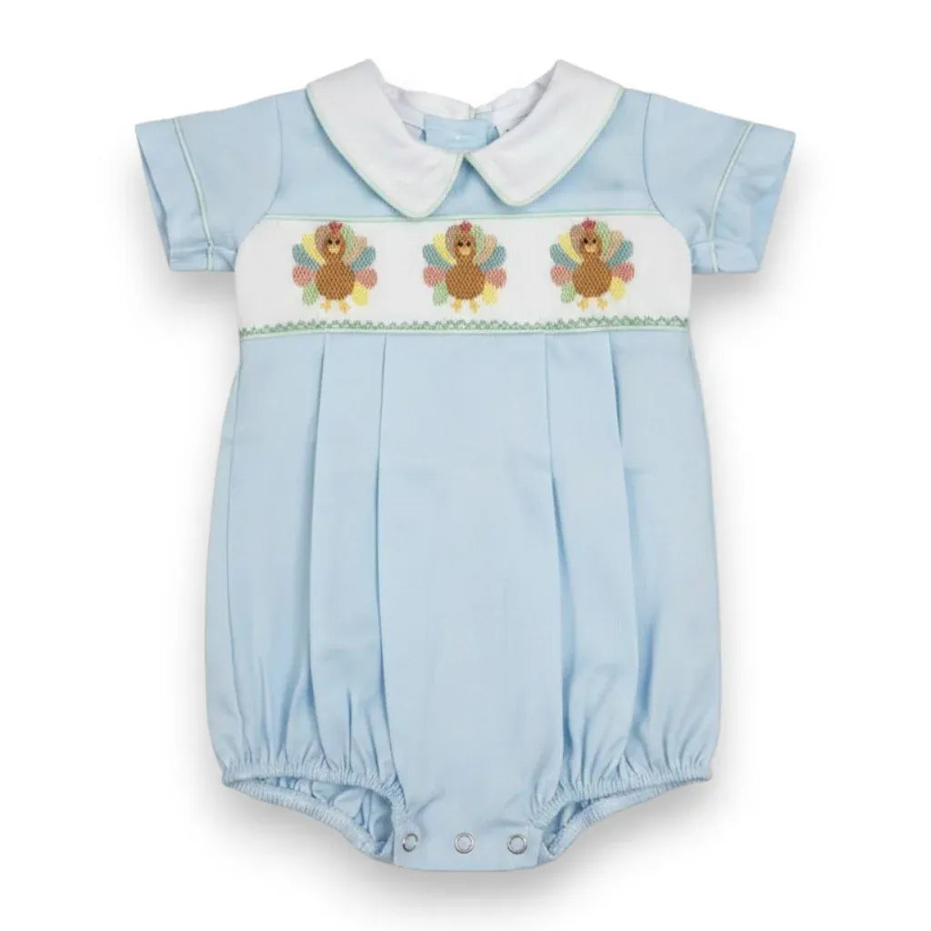 Lulu Bebe Blake Turkey Smocked White Collared Bubble with Pintucks - Little Miss Muffin Children & Home
