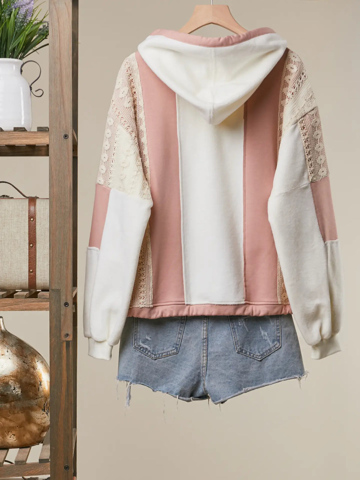 Mello. Pale Peach Ivory Crochet Trim Colorblock Zip-Up Hoodie with Drawstring Hem - Little Miss Muffin Children & Home