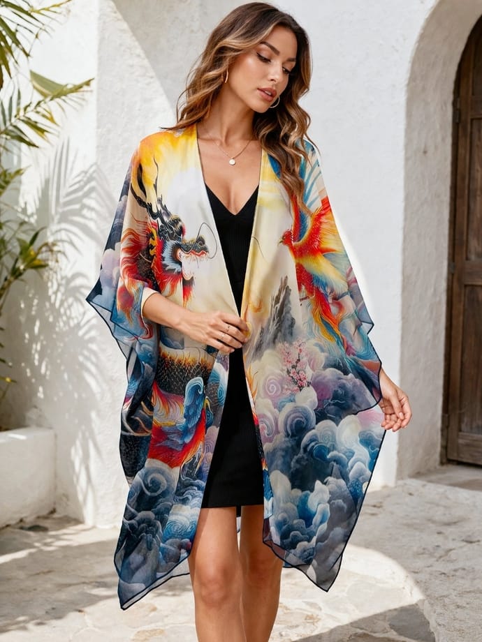 JC Sunny Fashion Multicolor Dragon & Phoenix Cloudscape Open-Front Kimono Cover-Up - Little Miss Muffin Children & Home