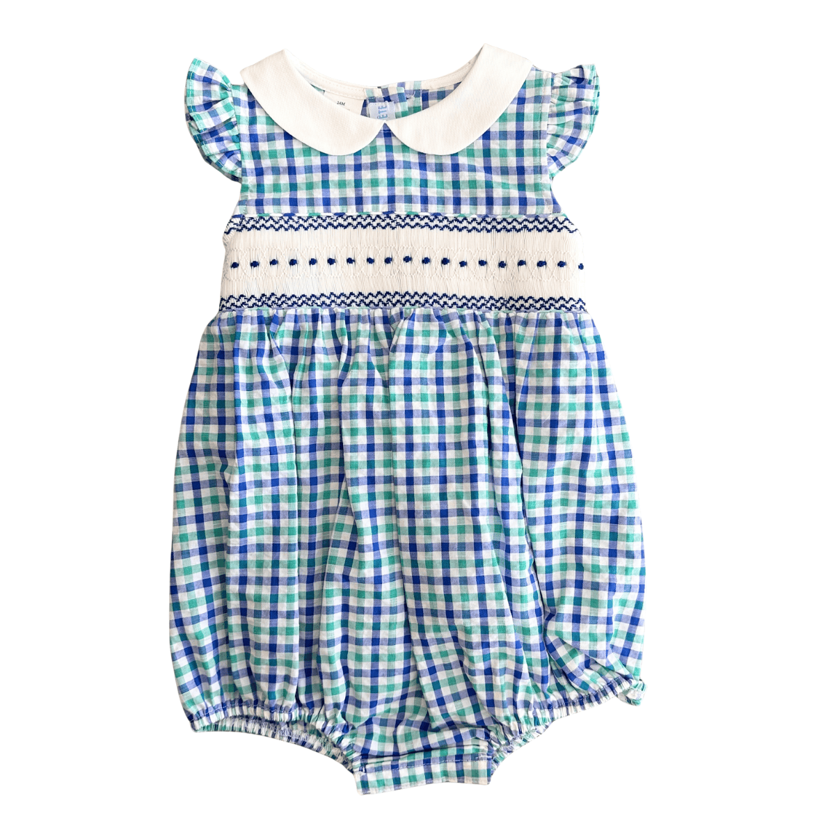 Vive La Fete Geometric Smocked Blue Green and White Plaid Seersucker Peter Pan Collared Bubble - Little Miss Muffin Children & Home