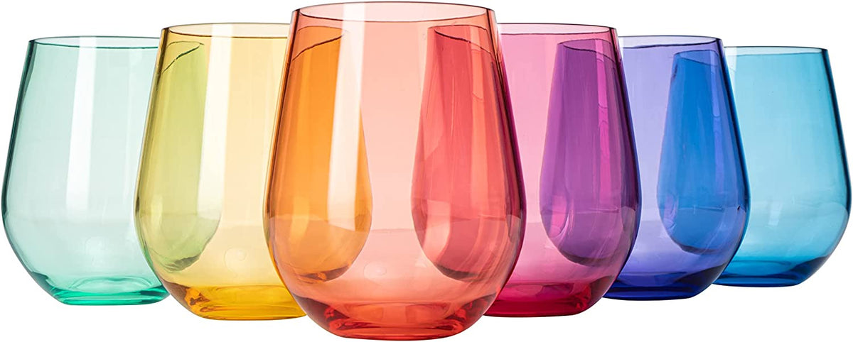 Colorful shatterproof stemless wine glasses by The Wine Savant KHEN