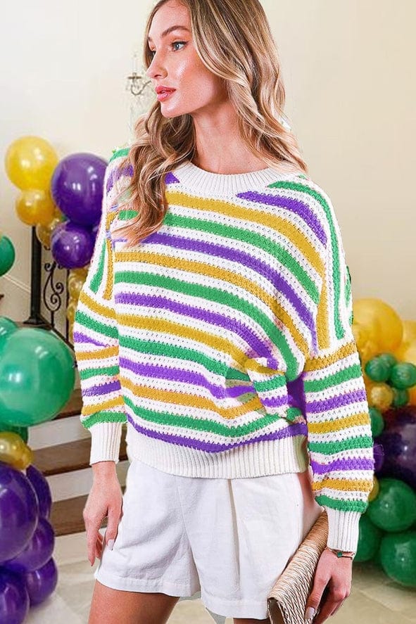 Vine & Love Vine & Love Crew Neck Textured Stripe Mardi Gras Sweater - Little Miss Muffin Children & Home