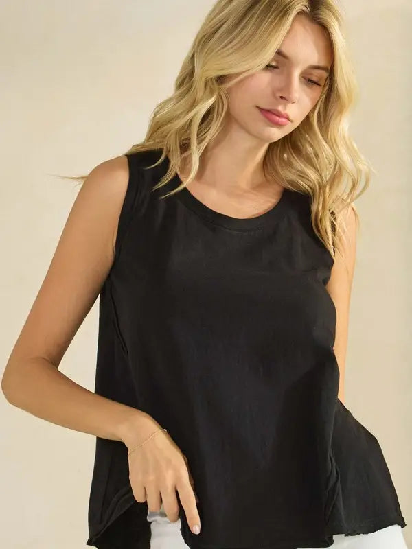 Yelete Soft Cotton Tank with Raw Edge Seams in Black - Little Miss Muffin Children & Home