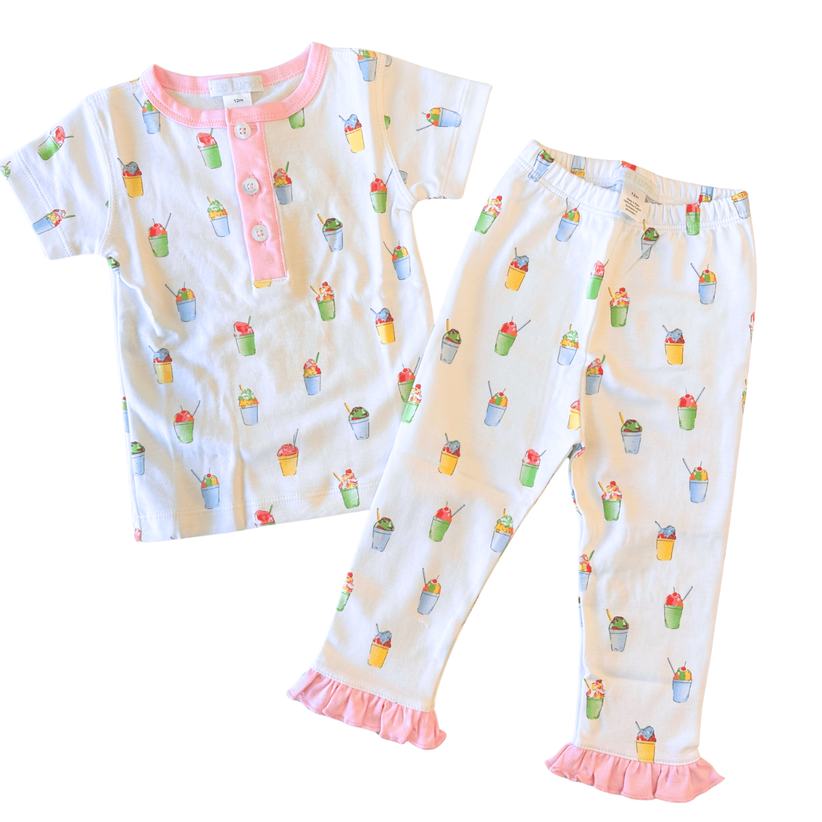 Lulu Bebe Snowball Cup Short Sleeve Pajama Set with Pink Trim - Little Miss Muffin Children & Home
