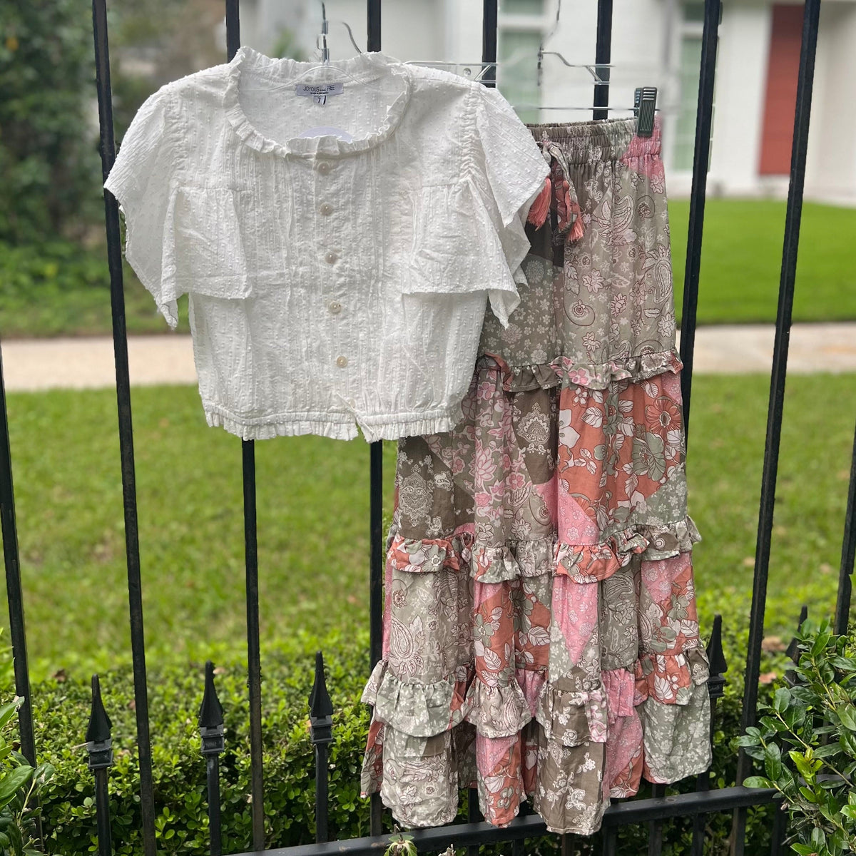 Joyous and Free Joyous and Free Maxi Tier Skirt Wonderland Olive Peach - Little Miss Muffin Children & Home
