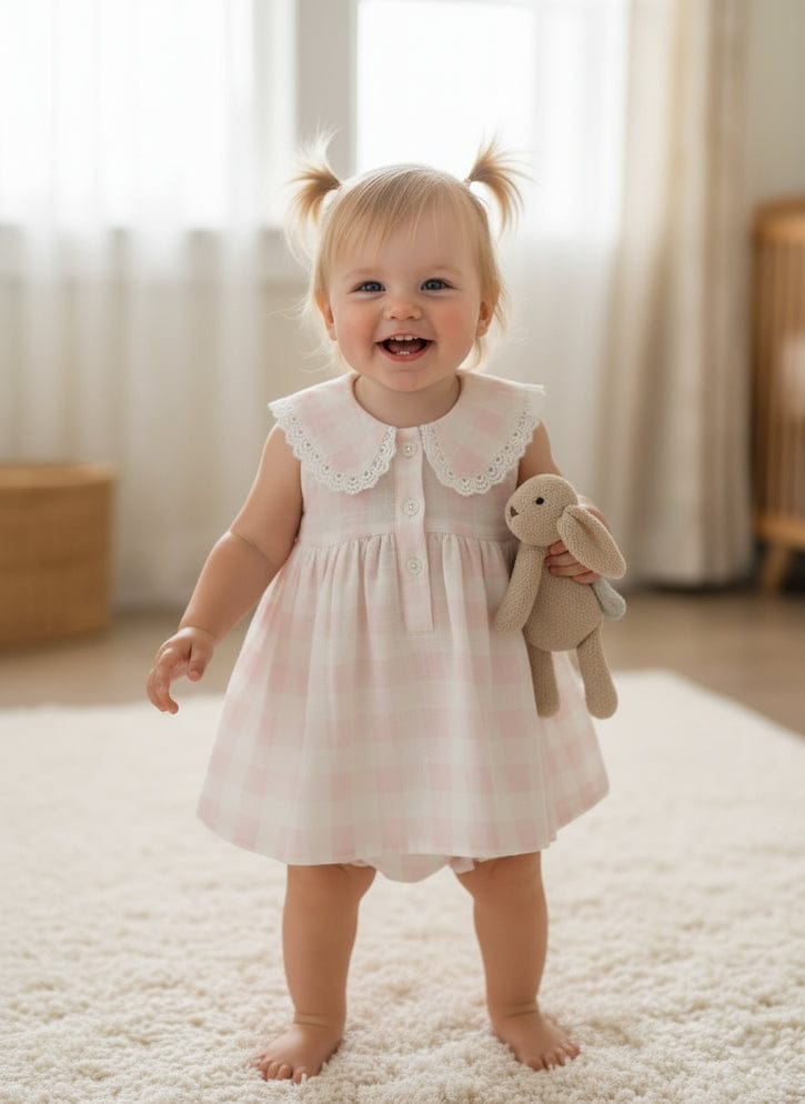 Yo Baby Soft Pink Collars Check Dress & Bloomer Set - Little Miss Muffin Children & Home