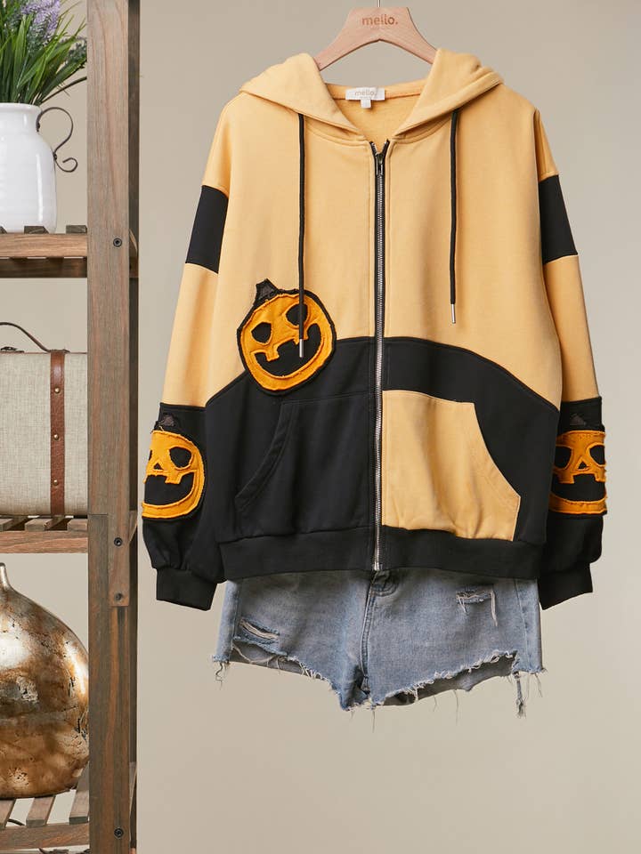 Mello. Jack-O-Lantern Patched Colorblock Zip-Up Hoodie - Little Miss Muffin Children & Home