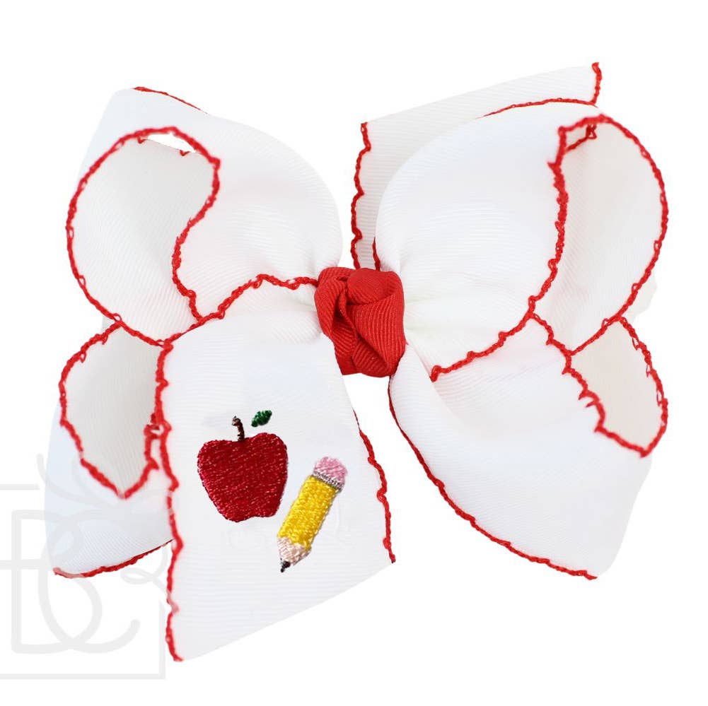 Beyond Creations 4.5" Large Embroidered Apple & Pencil On Red Crochet Edge White Bow - Little Miss Muffin Children & Home