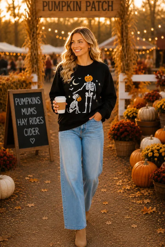 Main Strip Halloween Pumpkin Skeleton Printed Graphic Crewneck Top - Little Miss Muffin Children & Home