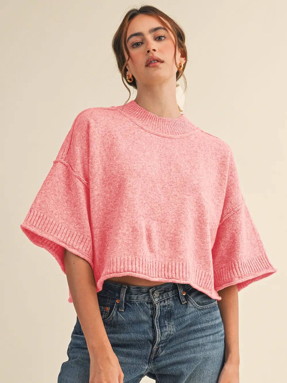 &merci Marled Knit Mock Neck Short Sleeve Crop Sweater in Creamy Cherry - Little Miss Muffin Children & Home