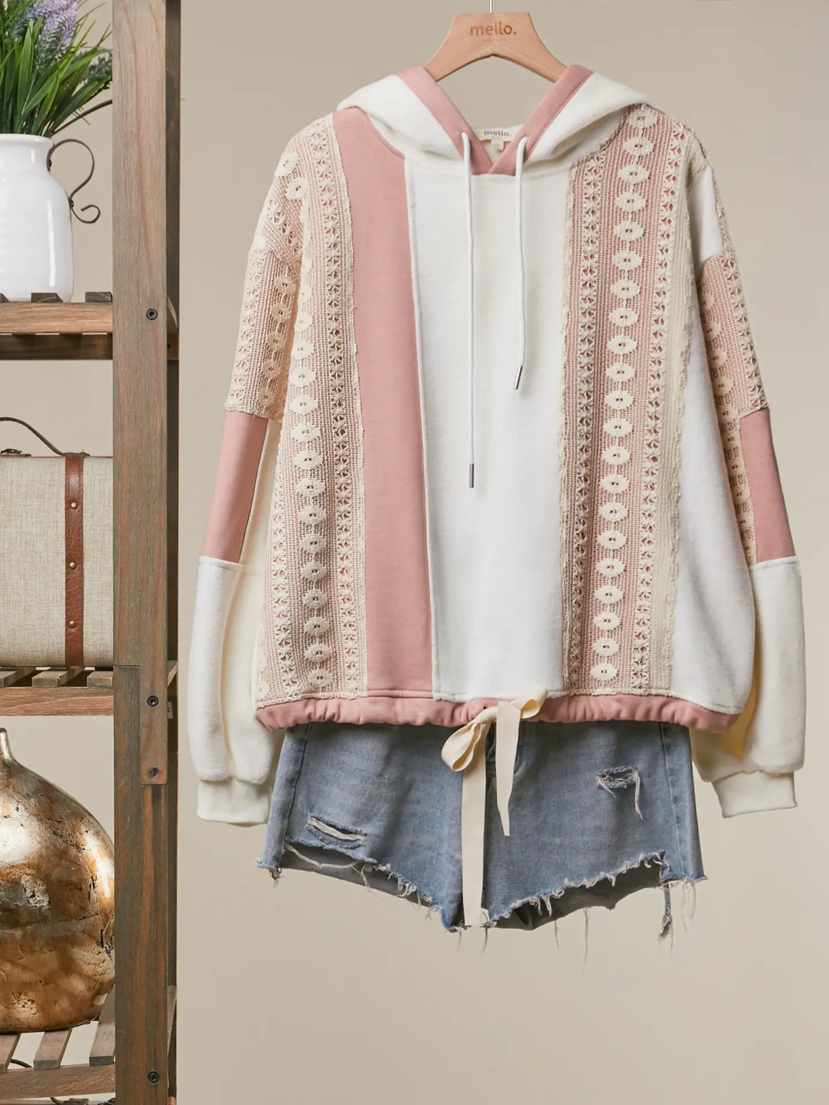 Mello. Pale Peach Ivory Crochet Trim Colorblock Zip-Up Hoodie with Drawstring Hem - Little Miss Muffin Children & Home