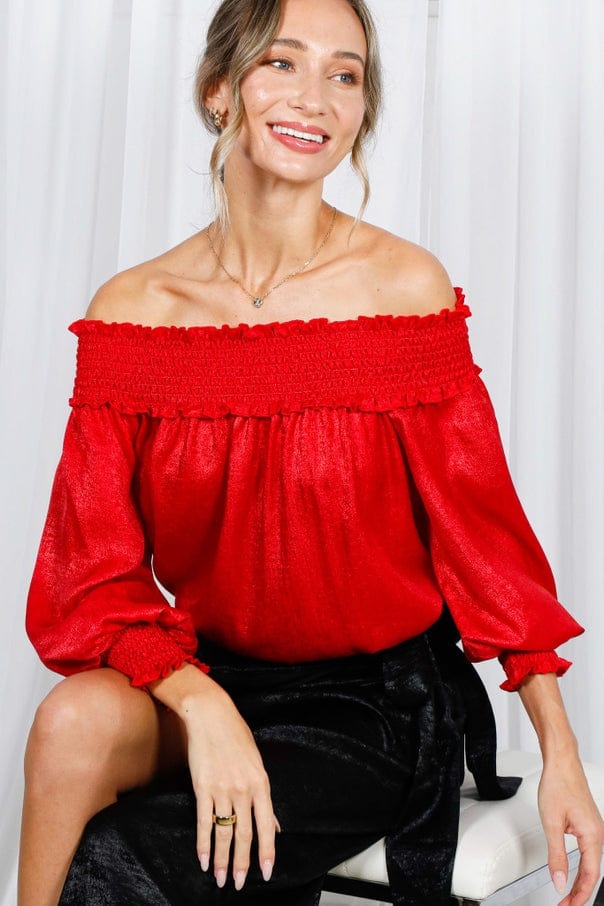 Vine & Love Vine & Love Smocked Off-the-Shoulder Metallic Blouse in Red - Little Miss Muffin Children & Home