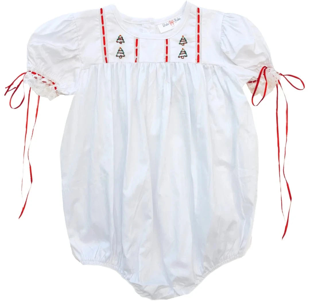 girls white bubble with red ribbons and christmas trees