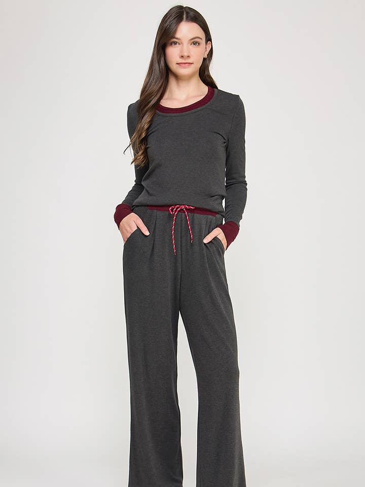 Contrast Trim Lounge Set in Charcoal/Cherry
