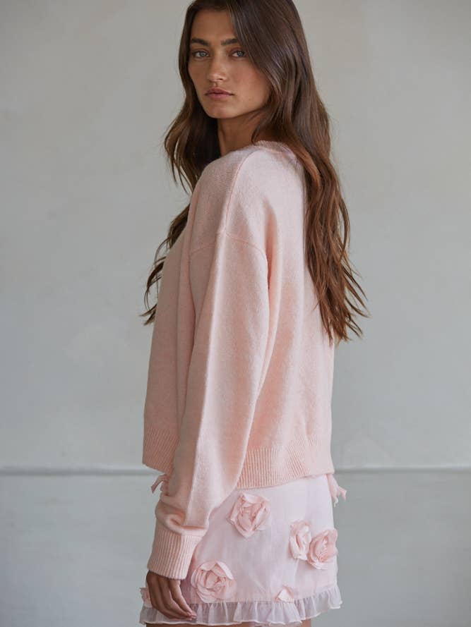 Crew Neck Cardigan Sweater in Light Pink