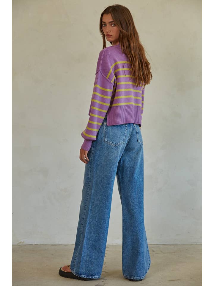 Cropped Knit Striped Sweater in Lavender