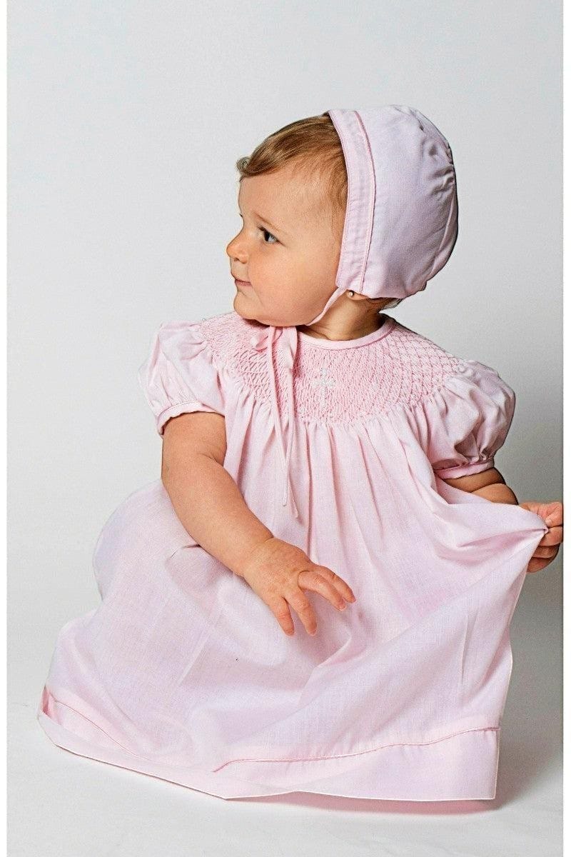 Carriage Boutique Baby Girl Hand Smocked with Pearl Cross Pink Christening Bishop Dress with Bonnet – Carriage Boutique - Little Miss Muffin Children & Home