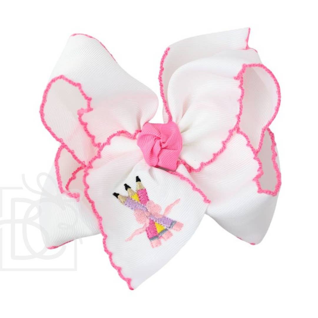 Beyond Creations 4.5" Large Embroidered Pencils Pink Crochet Edge White Bow - Little Miss Muffin Children & Home