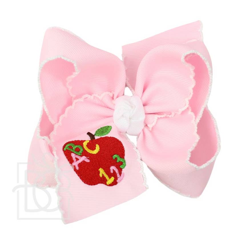 Beyond Creations 4.5" Large Embroidered Apple 'ABC 123' On Crochet Edge Pink Bow - Little Miss Muffin Children & Home
