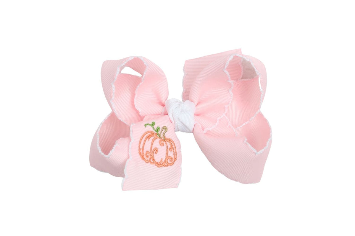 White crochet edge bow with embroidered cantaloupe pumpkin