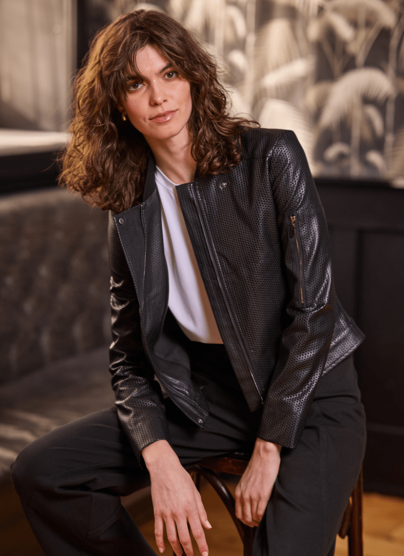 Black Millicent Perforated Vegan Leather Jacket