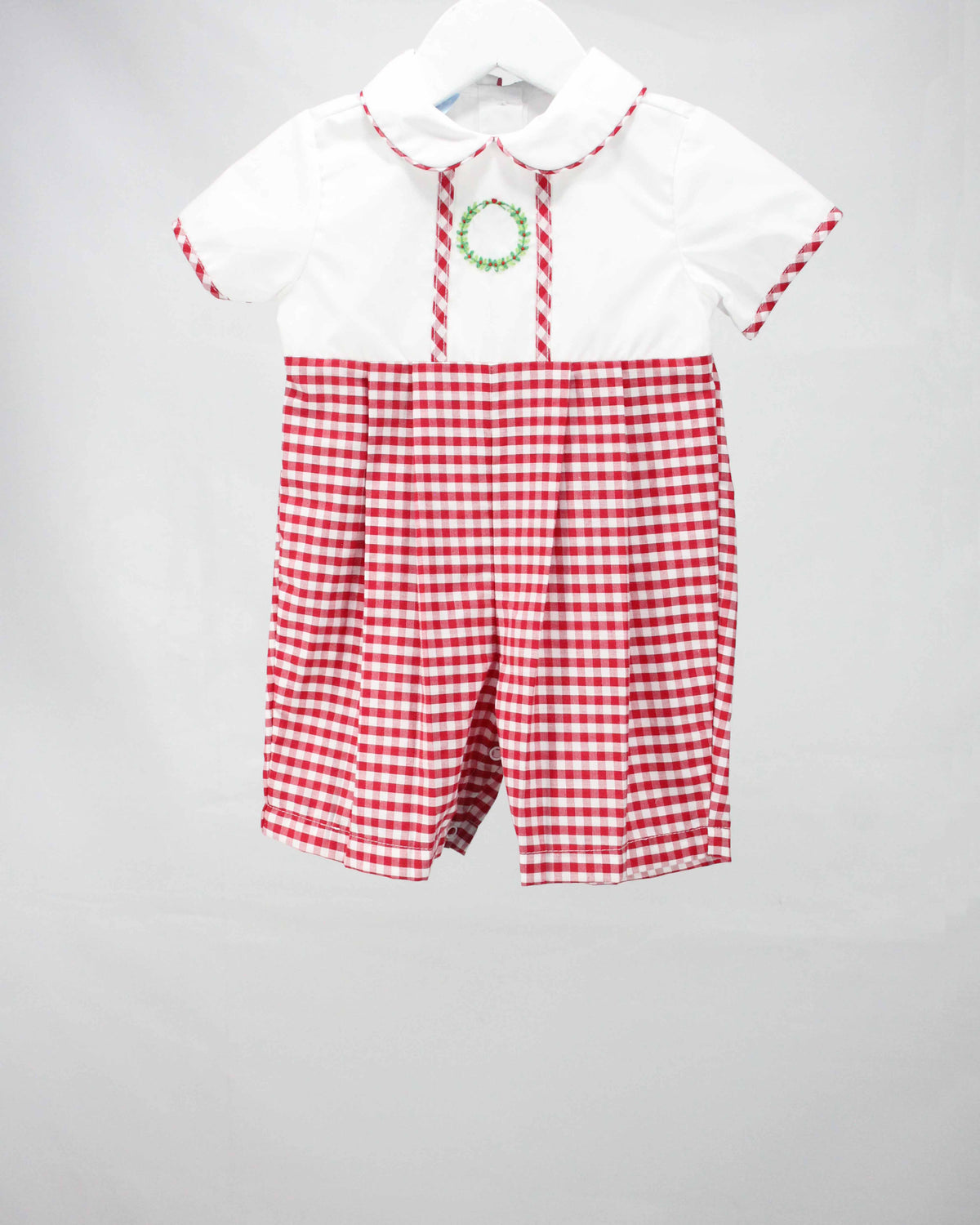 red plaid boys romper with wreath