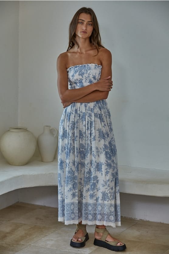 By Together Ivory Blue Floral Smocked Strapless Midi Dress | By Together - Little Miss Muffin Children & Home