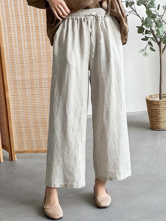 Loose Wide Leg Drawstring Beige Casual Pants