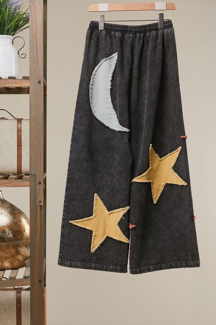 Mello. Mello. Women's Black Washed Celestial Patchwork Wide Leg Knit Pants - Little Miss Muffin Children & Home