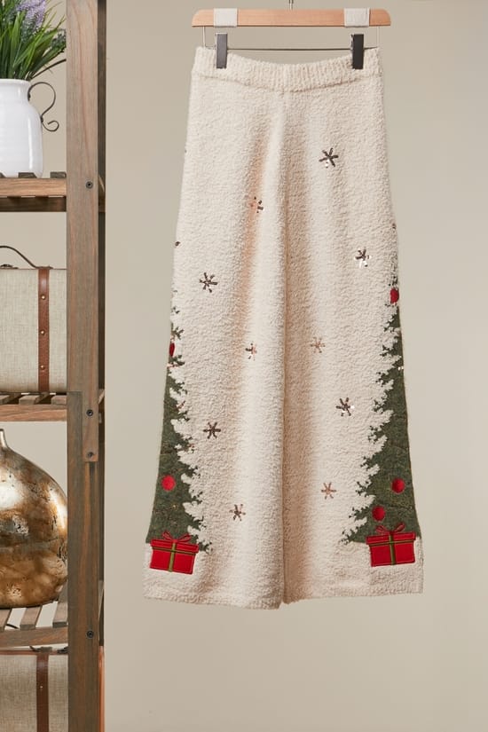 Mello. Ivory Christmas Tree Wide-Leg Sweater Pants - Little Miss Muffin Children & Home