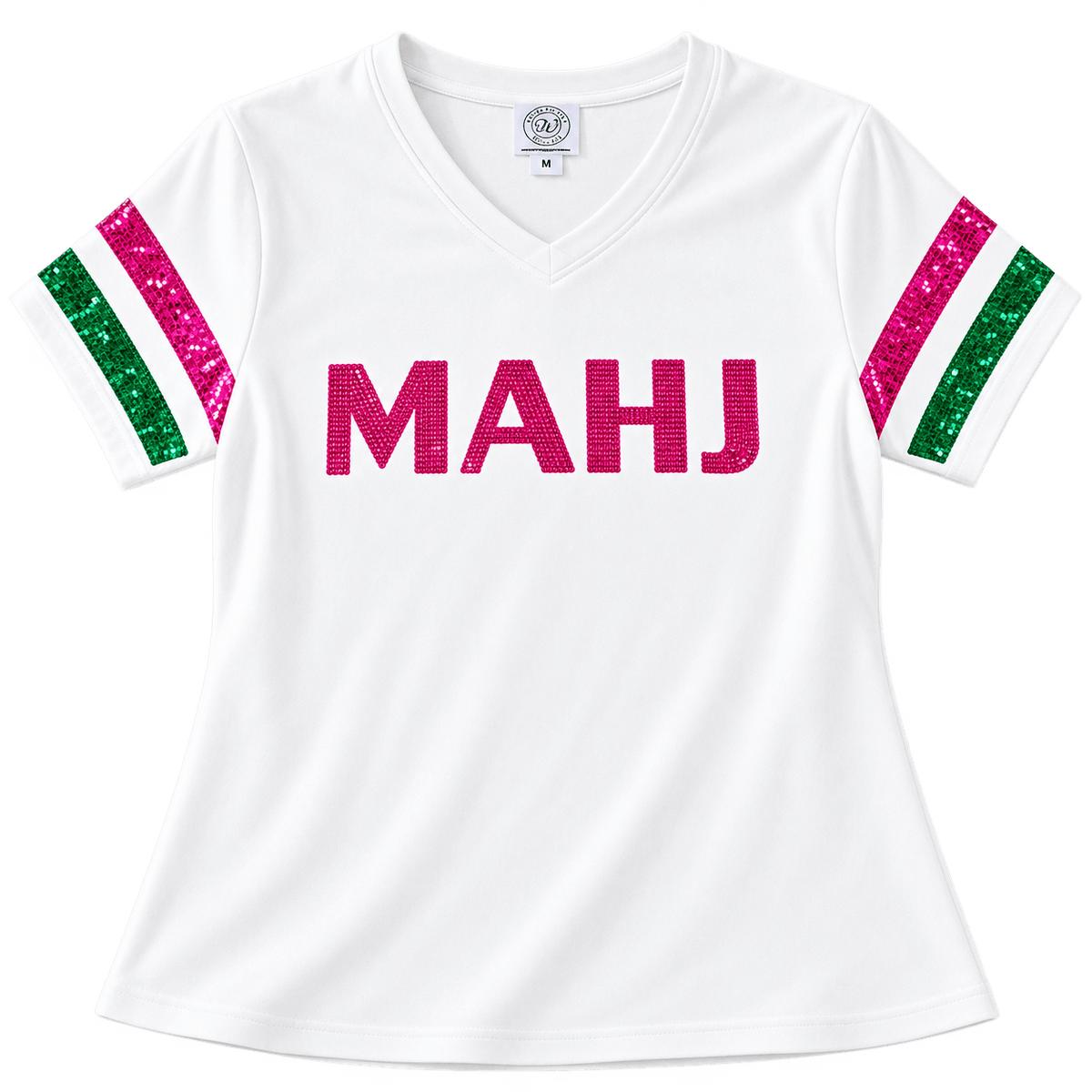 Whereable Art Whereable Art Women's MAHJ Sequin V-Neck Tee with Hot Pink & Green Striped Sleeves - Little Miss Muffin Children & Home
