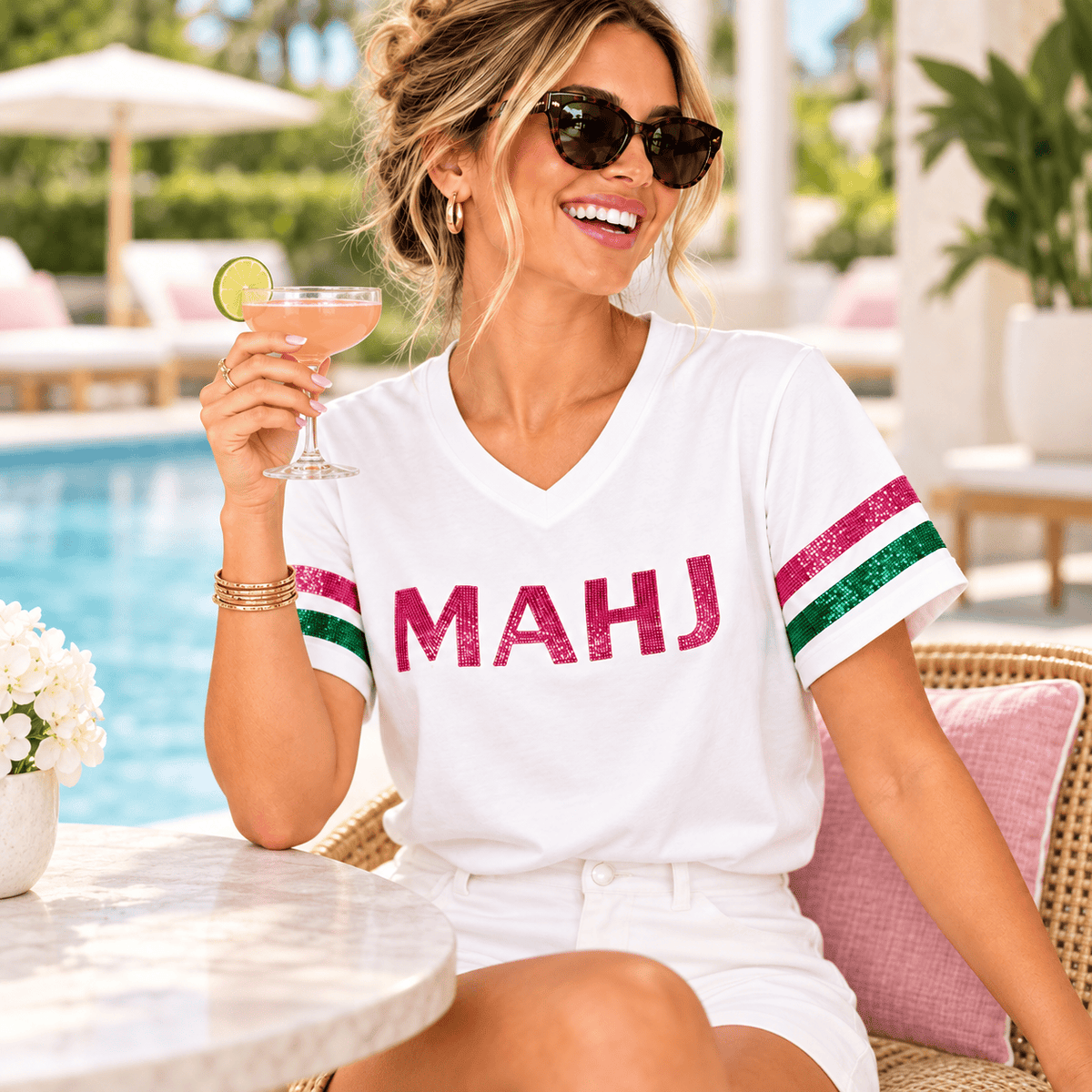 Whereable Art Whereable Art Women's MAHJ Sequin V-Neck Tee with Hot Pink & Green Striped Sleeves - Little Miss Muffin Children & Home