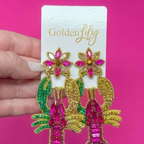 Multi Mardi Gras Crawfish Dangle Earrings