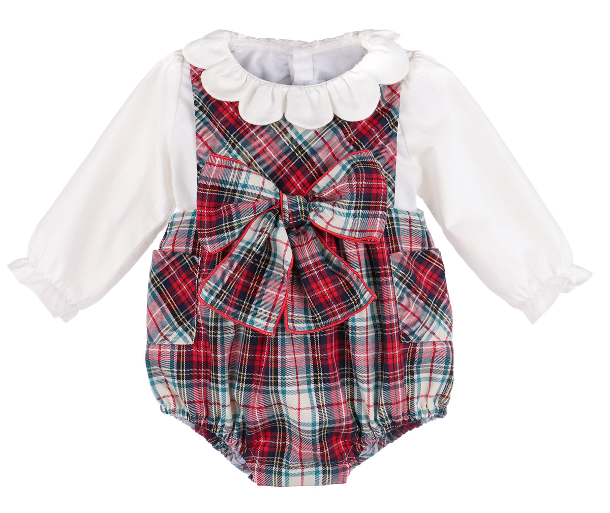 Gingerbread Plaid Bow Red Overall
