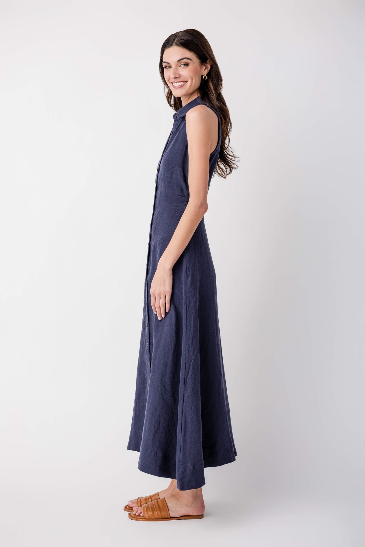 Olivaceous Aimme Button-Front Linen Maxi Dress in Navy - Little Miss Muffin Children & Home