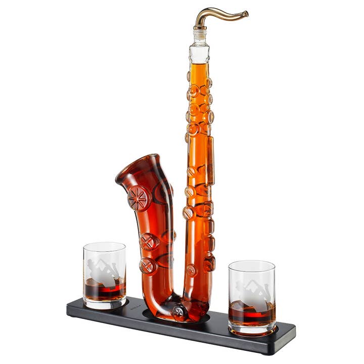 Saxophone whiskey decanter set with 2 glasses by The Wine Savant
