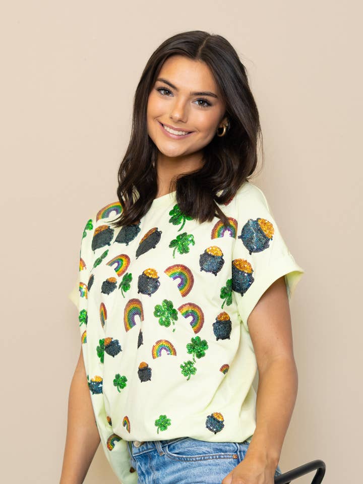 Scattered St Patty Lucky Charms Sequin Cuff Sleeve Tee