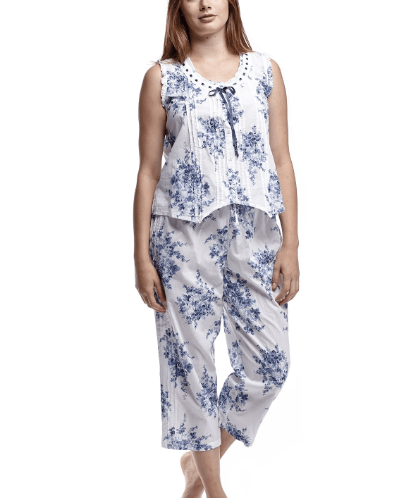 La Cera White & Blue Floral Print Sleeveless Top Cotton Pajama Set - Little Miss Muffin Children & Home