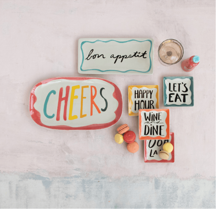 Creative Co-op Stoneware Platter with Wax Relief Word "Cheers" - Little Miss Muffin Children & Home