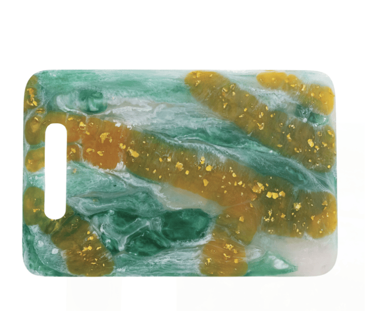Creative Co-op Teal, White & Orange Marbled Resin Cheese/Serving Board with Gold Foil & Handle (Each One Will Vary) - Little Miss Muffin Children & Home